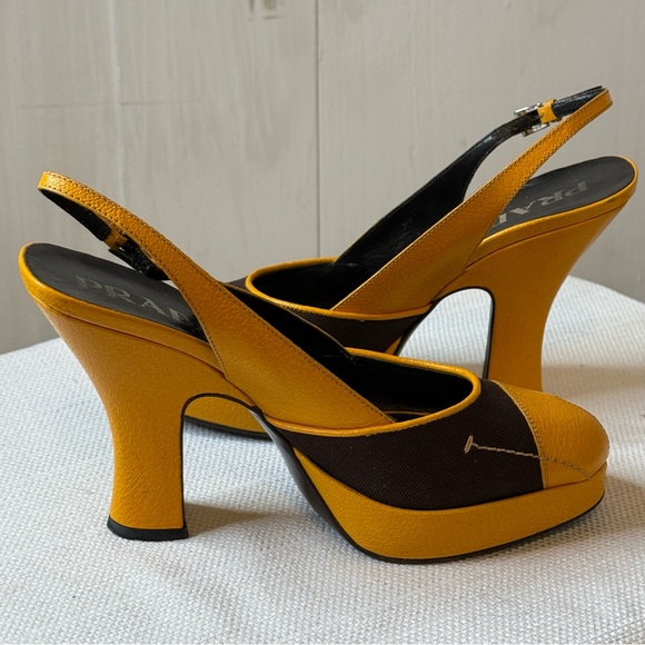 PRADA Brown & Mustard Yellow Leather Textile Heels 8.5 - Picture 13 of 16
